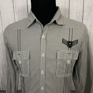 7 Diamonds Men's XXL Black & White Striped Slim Long Sleeve Button-Front Shirt